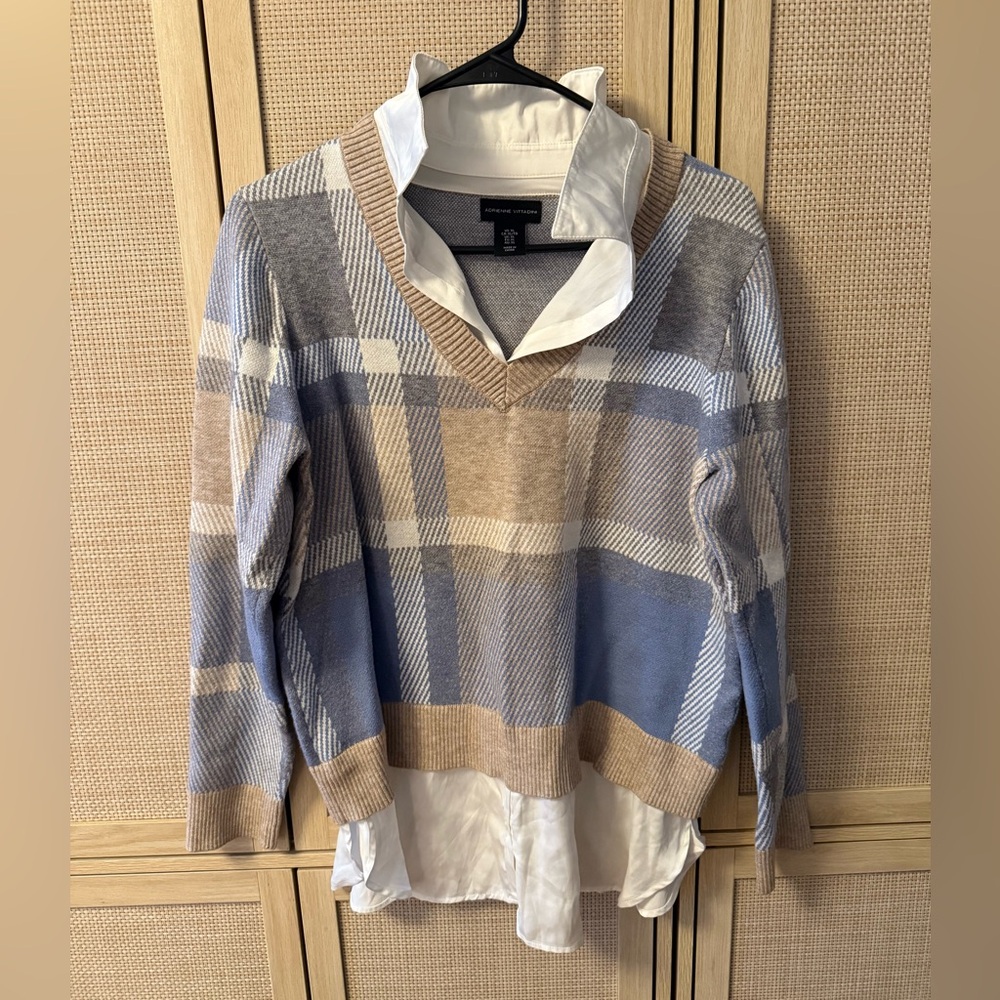 Adrienne Vittadini Blue and Tan Double-Layered Sweater